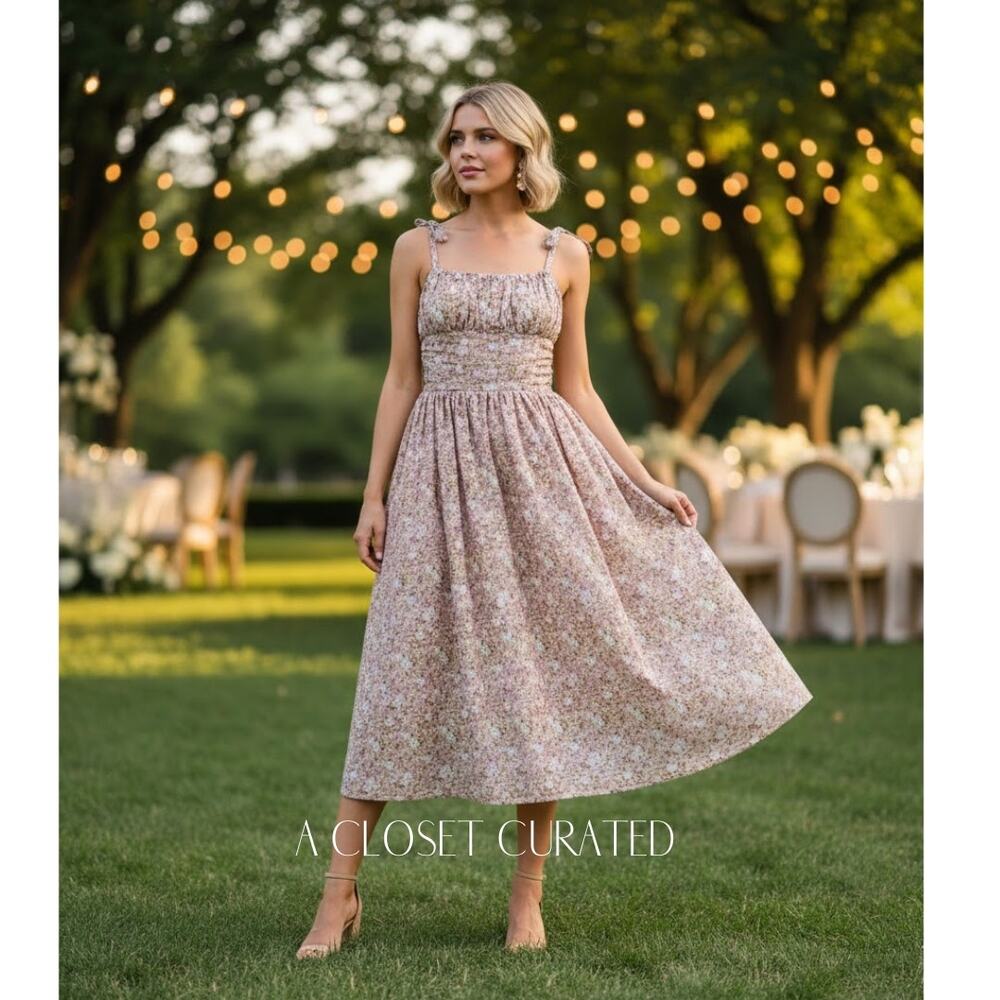 MDS Stripes Cami Floral Cotton Poplin Midi Dress 8 Pink NWT